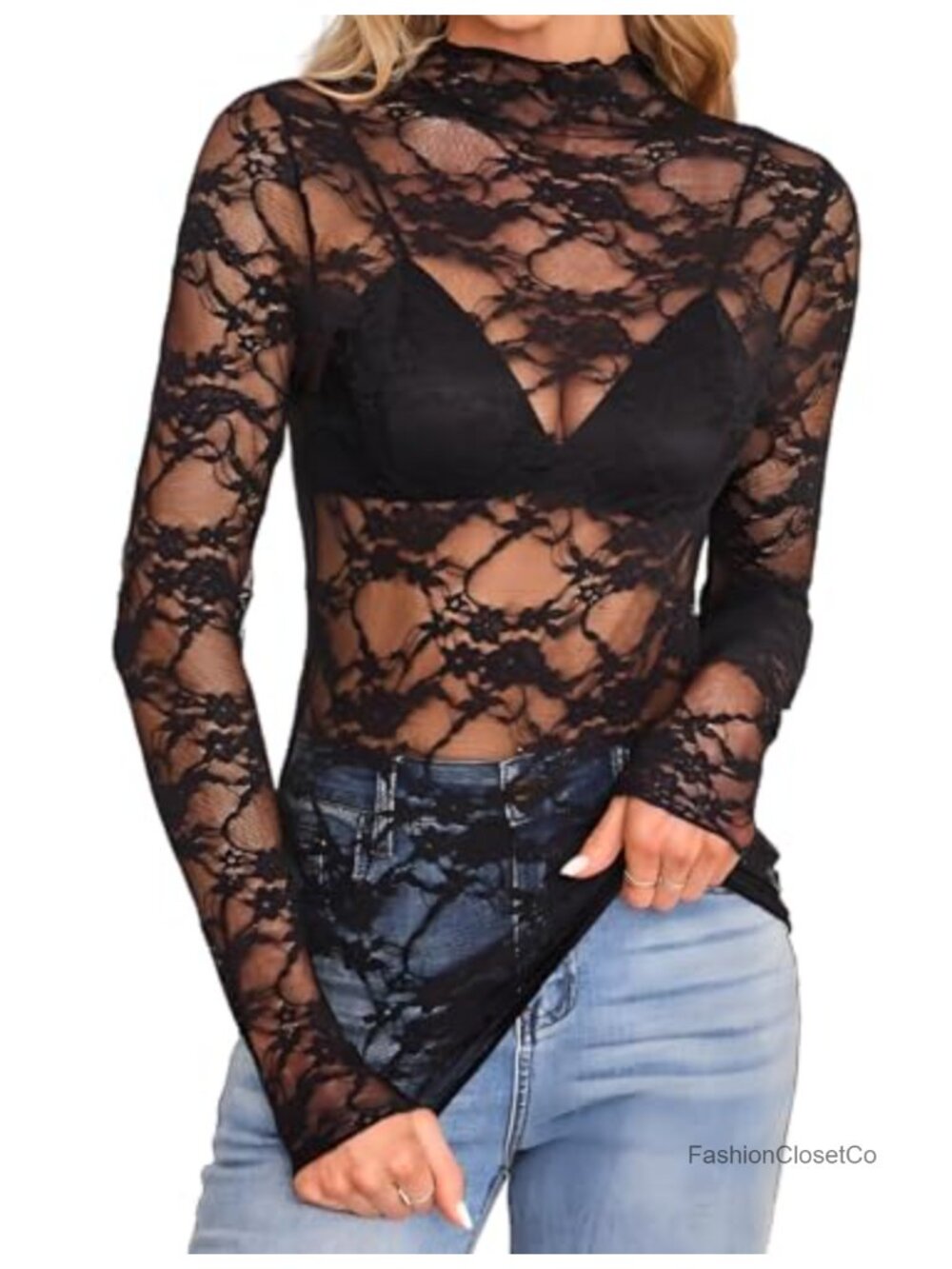 Women's Floral Lace Mesh Long Sleeve Top Mock Neck Sheer Fitted Party Blouse